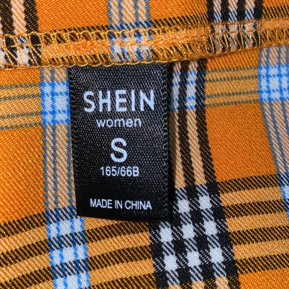 SHEIN mini skirt plaid orange turquoise 2 front slits side zipper NEW size S - Picture 5 of 10